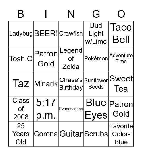 Chase's Birthday Bingo Card