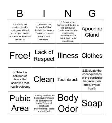 Healthy self management Bingo Card