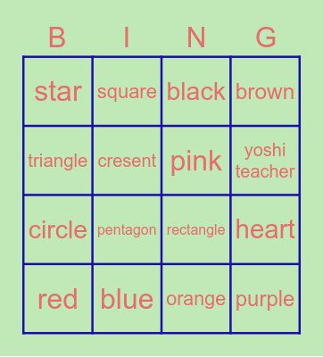 colors and shapes Bingo Card