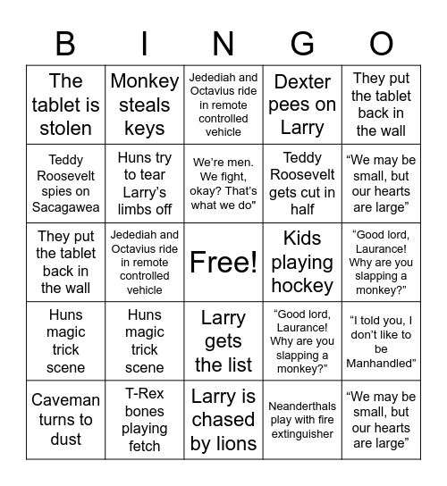 Night at the Museum Bingo Card