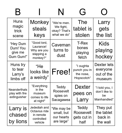 Night at the Museum Bingo Card