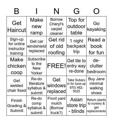 Madeleine's Pre-semester Bingo Card Bingo Card