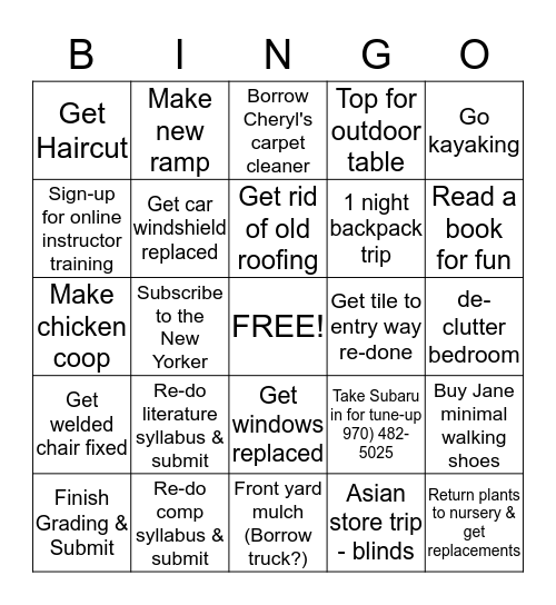 Madeleine's Pre-semester Bingo Card Bingo Card