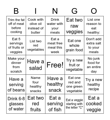 Healthy Eating Bingo Card