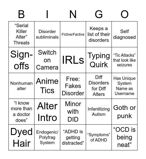 Ultimate Fake Disorder Cringe Bingo Card