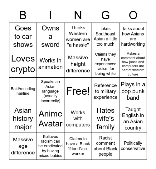 "My Asian Wife" Bingo Card