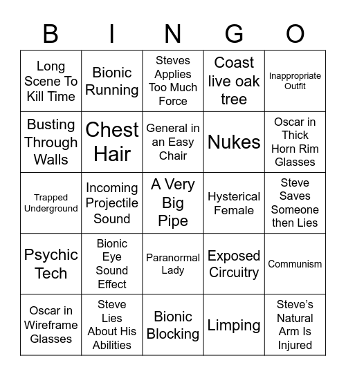 Six Million Dollar Man Bingo Card