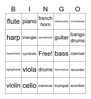 INSTRUMENT Bingo Card