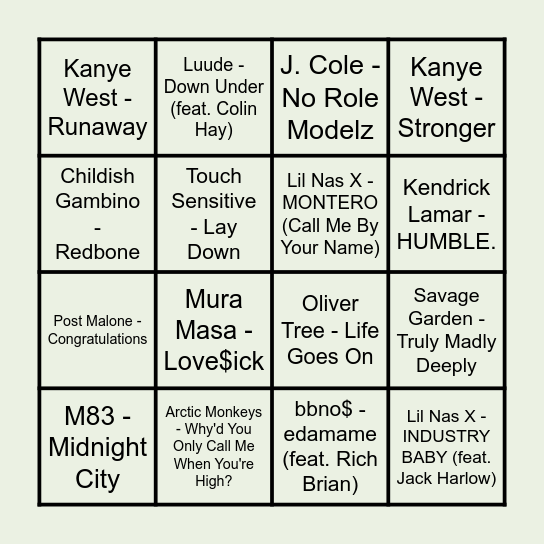 PRINCE MUSIC BINGO - Round 2 Bingo Card