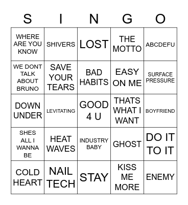 727 ARIA CHARTS MARCH 2022 Bingo Card