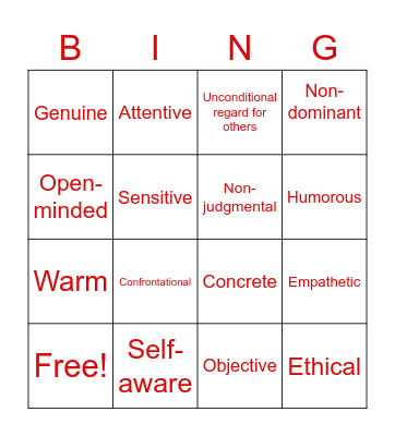 Characteristics of Counsellors Bingo Card
