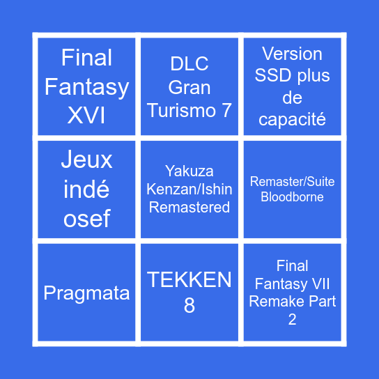 Présentation des jeux PS5 Bingo Card