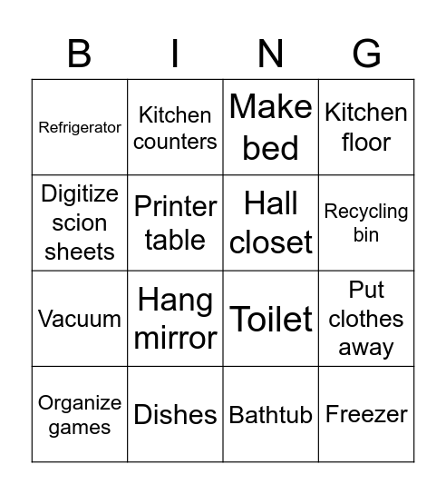 Chores Bingo Card