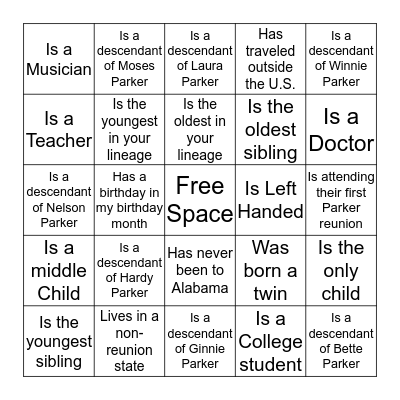 PARKER FAMILY REUNION Bingo Card