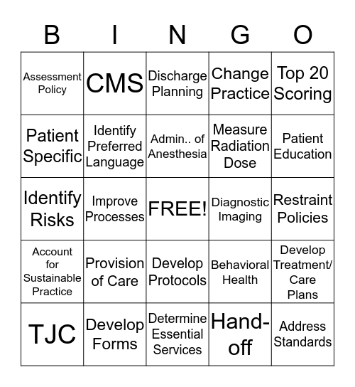 Provision of Care BINGO Card