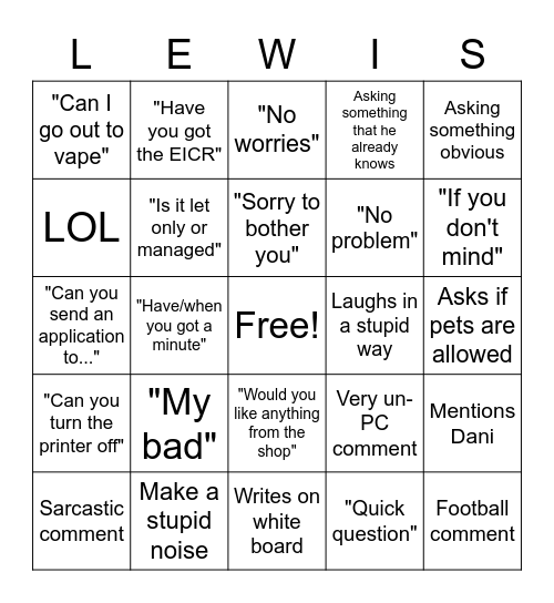 Lewisisms Bingo Card