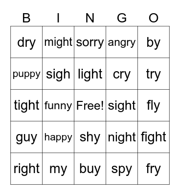 "-y" and "igh" words Bingo Card