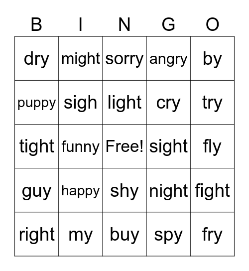 "-y" and "igh" words Bingo Card