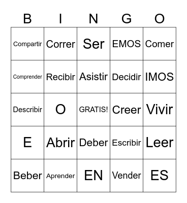 ER/IR Verbs Bingo Card