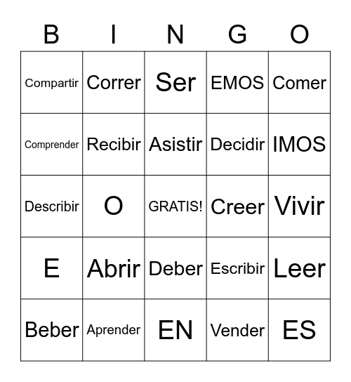 ER/IR Verbs Bingo Card