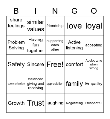 Healthy Relationships Bingo Card