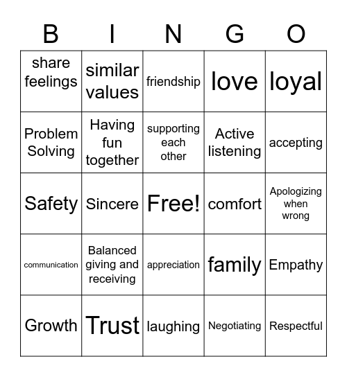 Healthy Relationships Bingo Card