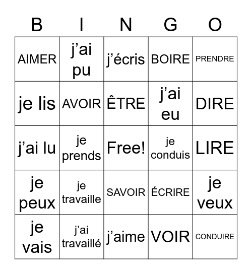 Les verbes de base Bingo Card