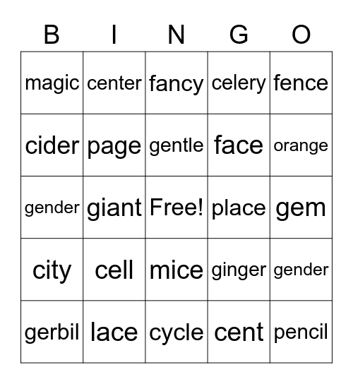 Soft g & Soft C Bingo Card