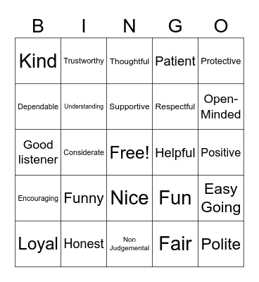 Friendship Bingo Card
