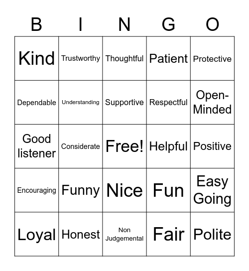 Friendship Bingo Card