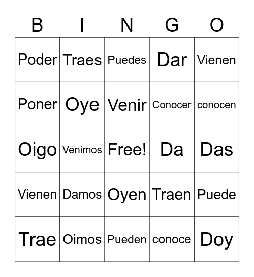 Irregular verbs Bingo Card