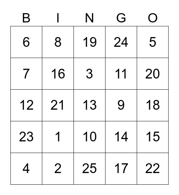 Numeros 1 - 25 Bingo Card