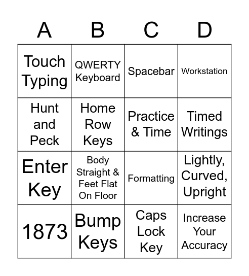 Touch Typing (Keyboarding) Bingo Card