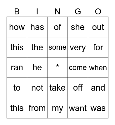 Sight Words Bingo Card