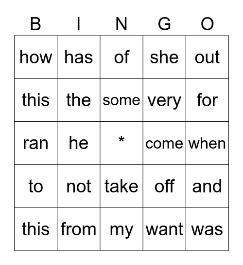 Sight Words Bingo Card