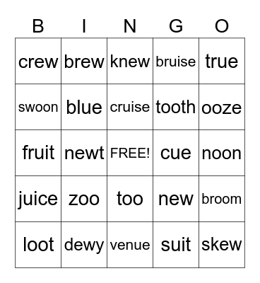 Long /u/ Sound Bingo Card
