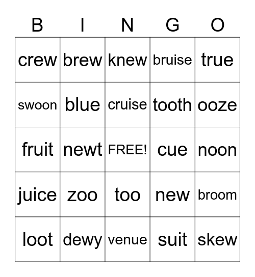 Long /u/ Sound Bingo Card
