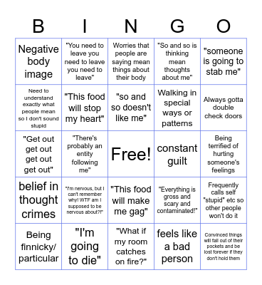 Worry Wart Bingo Card