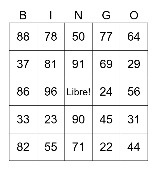 Los Numeros Bingo Card