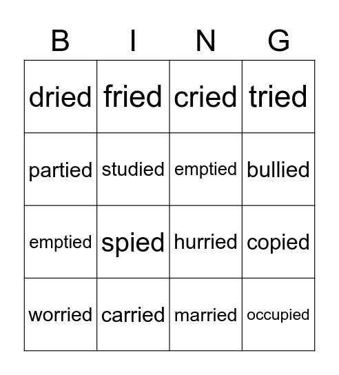 Y to IED Words Bingo Card