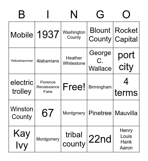 Facts about Alabama Bingo Card