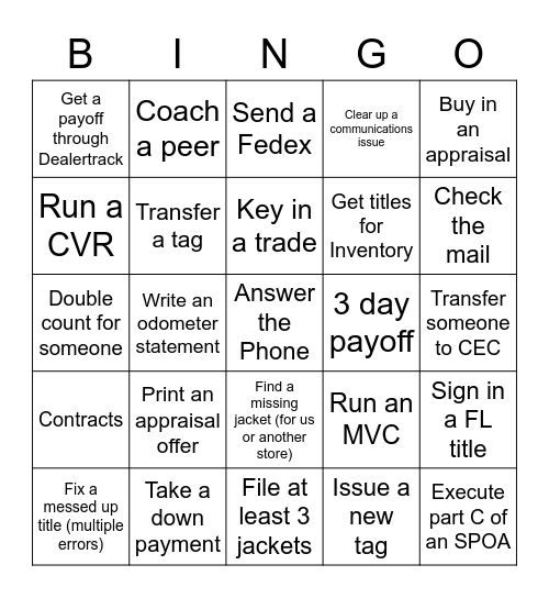 BOA Bingo            Name:____________ Bingo Card