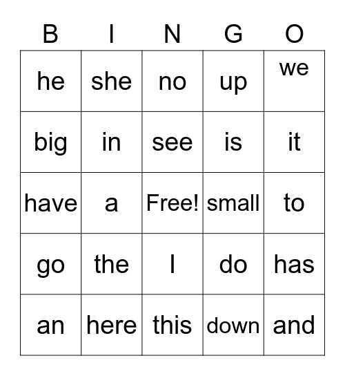 KINDERGARTEN TRICK WORD BINGO Card