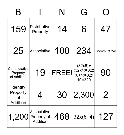 Properties Bingo Card