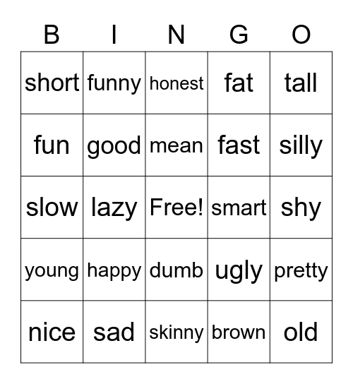 Adjective Bingo Card