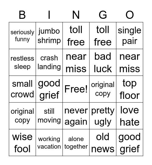 Oxymoron Bingo Card