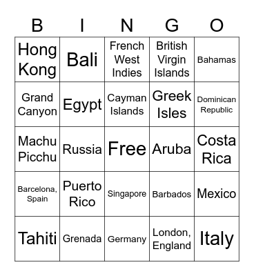 Vacation Destinations Bingo Card