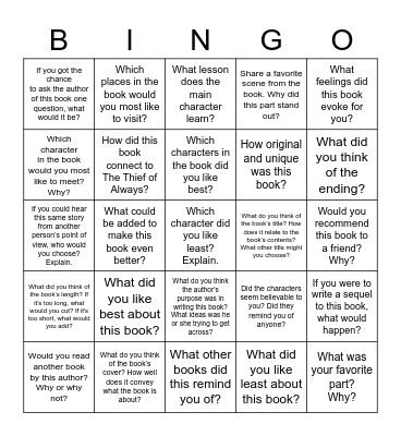 Book Club Bingo Card