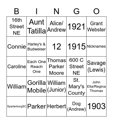 Thomas Parker Moore Family Reunion Bingo Card