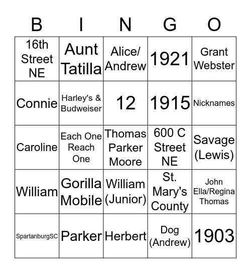 Thomas Parker Moore Family Reunion Bingo Card